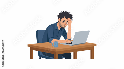 A man sits at a desk frustrated with his laptop