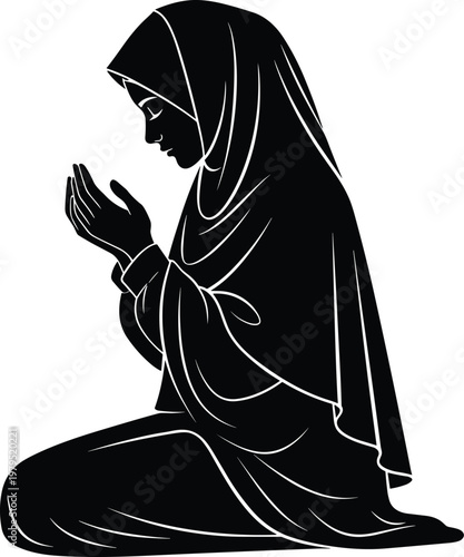 Muslim woman praying silhouette, female in hijab making dua or prayer, Islamic worship concept, spirituality and faith, black vector illustration isolated on white background