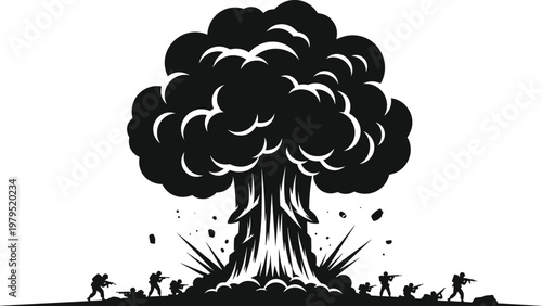 Nuclear explosion mushroom cloud silhouette with soldiers, war and destruction concept, battlefield scene, minimal black and white illustration for military and disaster design