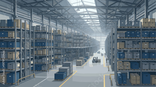 An illustration depicts a large, modern warehouse interior with rows of tall metal shelves stocked with various boxes and crates. A forklift and a person are visible on the factory floor.