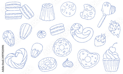 Sweets collection with donuts, cupcakes, cookies, candies, strawberries, madeleine. Hand drawn doodle dessert set isolated on white. Minimal blue line art for menus, cafes, packaging, branding