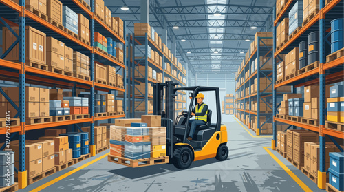 A man in a hard hat and safety vest drives a forklift through a vast warehouse, surrounded by tall shelves stacked with numerous boxes and barrels.