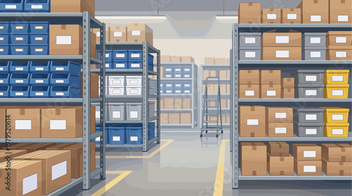 A clean, organized warehouse interior with tall shelves stocked with cardboard boxes, blue bins, and storage containers, featuring a ladder and yellow floor markings.