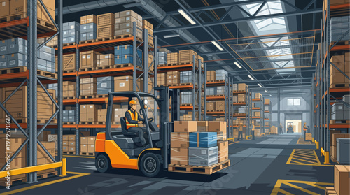 A diligent forklift driver wearing a safety vest and helmet operates a forklift in a large warehouse filled with stacked boxes and shelves, conveying logistics and supply chain operations.