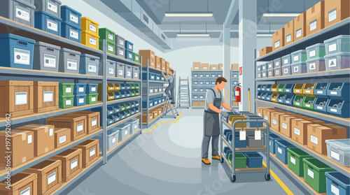 A man wearing overalls and gloves sorts bins on a cart in a brightly lit warehouse filled with shelves of boxes and containers.