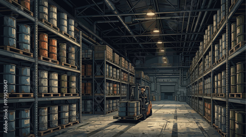 A forklift driver transports stacked metal barrels within a dimly lit industrial warehouse filled with racks of goods and overhead pipes.