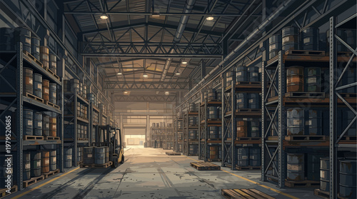 A stylized, illustrated view inside a dimly lit warehouse with tall shelves stacked with barrels and a forklift parked in the aisle.