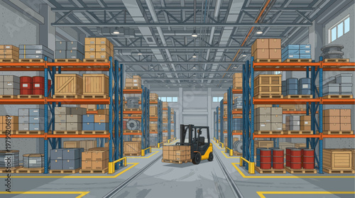An illustration of a busy warehouse interior with shelves stocked with boxes, barrels, and coils, and a forklift moving a pallet.