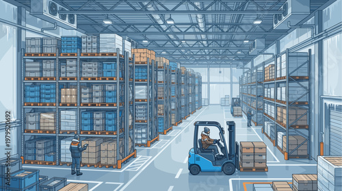 A busy industrial warehouse scene with towering shelves stacked high with boxes and bins, a forklift driver loading a pallet, and a worker checking inventory.