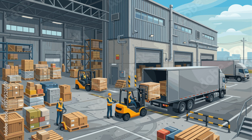 Workers in a warehouse are loading boxes and packages onto a large truck using a forklift and hand pallet jack to prepare for shipping and delivery.