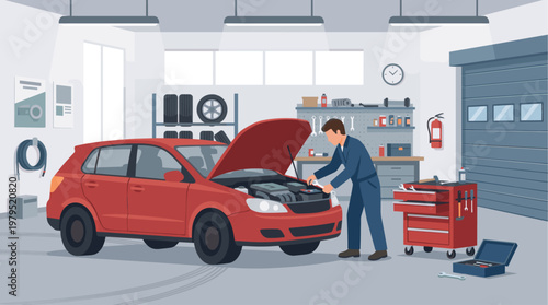 A mechanic in blue overalls works on a red car with its hood open inside a well-lit garage, surrounded by tools and car parts, suggesting automotive service.