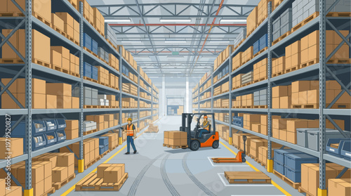 An interior view of a large warehouse filled with shelves stacked with boxes, featuring workers and a forklift in action, illustrating logistics and distribution.