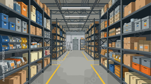 An empty, organized warehouse aisle with tall metal shelves packed with various storage boxes and containers, illuminated by overhead lights.