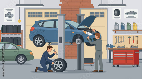 Two mechanics work on vehicles in a busy garage, one changing a tire on a lifted car, the other inspecting an engine under an open hood, conveying a sense of skilled labor and automotive service.