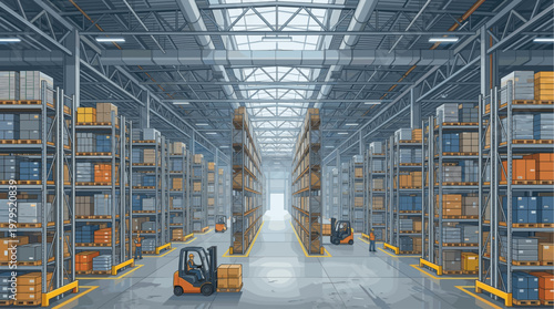 Industrial warehouse interior with tall shelving units filled with boxes, forklifts moving goods, and workers overseeing operations under bright overhead lights.