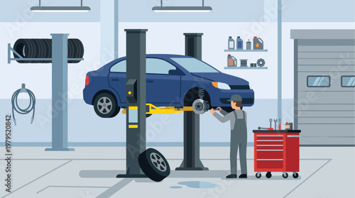 A flat illustration depicts a mechanic in uniform working on a blue car elevated by a hydraulic lift in a clean, modern garage.
