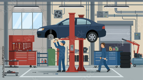Two mechanics are busy working on a car lifted by a red hydraulic lift in a well-equipped auto repair shop with tools and equipment.