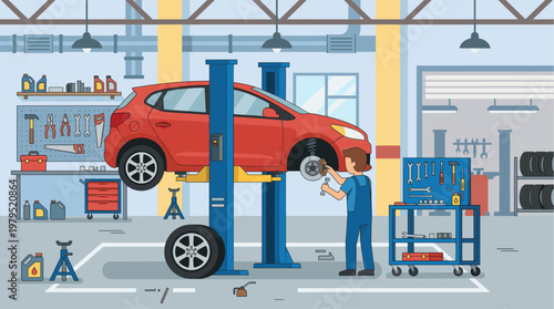 A mechanic in blue overalls performs maintenance on a red car elevated on a lift in a detailed, clean garage setting with tools and supplies visible.