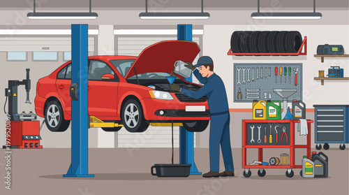 A male mechanic wearing blue overalls and a cap is pouring oil into a red car with its hood open, which is elevated on a lift in a detailed garage setting.