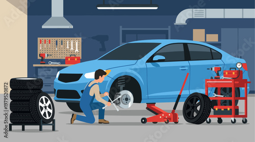 A mechanic in overalls kneels to repair a blue car being lifted by a jack in a clean, modern workshop filled with tools and spare tires.