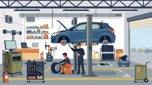 Two skilled mechanics work on a blue car in a brightly lit, well-equipped automotive service garage, conveying teamwork and professional repair.