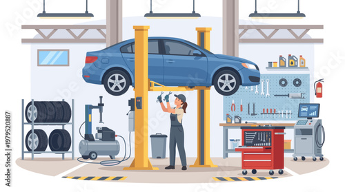 A woman mechanic in uniform is working under a blue car elevated on a yellow lift in a well-equipped garage, with tools, tires, and equipment around.