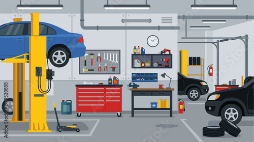 Flat illustration of a car repair workshop interior, featuring a blue car on a lift, tools, equipment, and parked cars, conveying a busy, functional atmosphere for automotive services.