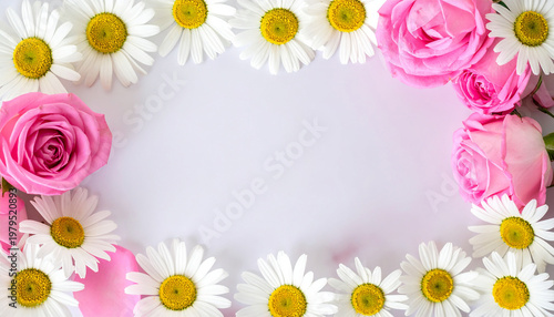Elegant arrangement of blooming pink roses and white daisies forming a decorative frame. Romantic and celebratory mood