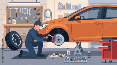 A mechanic in blue uniform repairs an orange car's brake system in a well-lit garage with tools and equipment neatly arranged.