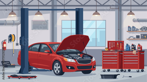 A detailed illustration of a car repair garage featuring a red sedan on a lift, toolboxes, and shelves stocked with supplies under bright overhead lights.