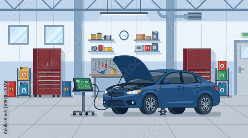 A blue car is being serviced in a clean, modern auto repair workshop, with its hood open and a diagnostic tablet connected to the engine.