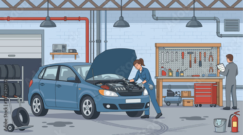 A female mechanic in blue overalls works on a car with its hood open while a male colleague reviews a checklist in a well-equipped auto repair shop.