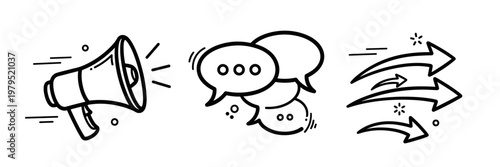 Megaphone, speech bubbles, arrows icons: communication concepts