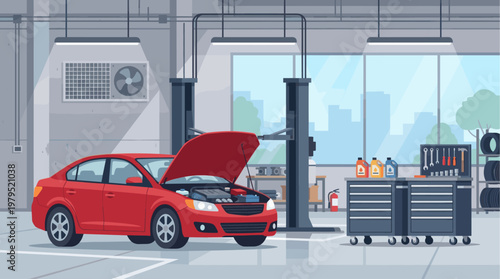 A flat design illustration of a red car with its hood open in a clean, modern auto repair garage, featuring a car lift, tool chest, and windows showing city buildings.