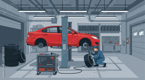 A male mechanic in blue uniform works on a red car being serviced on a lift in a well-equipped auto repair shop, with tires and tools visible.