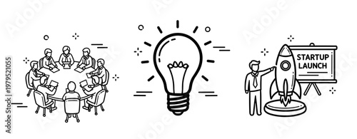 Business meeting, innovation idea, and startup launch illustration