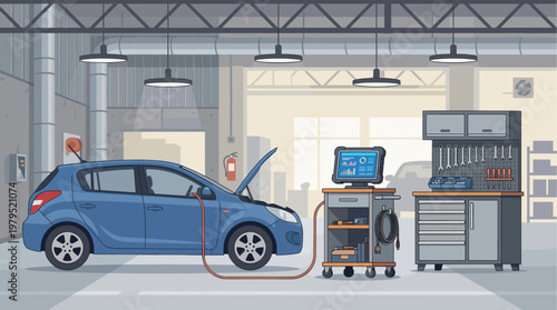 A blue car with its hood open is connected to a diagnostic computer in a clean, modern auto repair workshop.