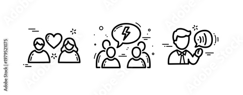 Line art of relationship dynamics with heart, discussion, and megaphone symbols
