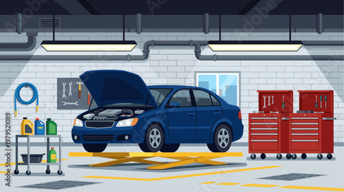 A blue sedan with its hood open is lifted on a yellow hydraulic car lift in a well-lit garage bay with tools and supplies nearby.