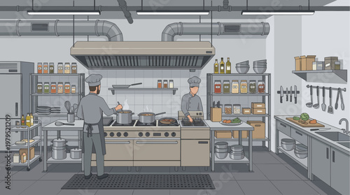 Two chefs prepare food in a busy, illustrated commercial kitchen with stainless steel appliances, shelves of ingredients, and cooking stations.