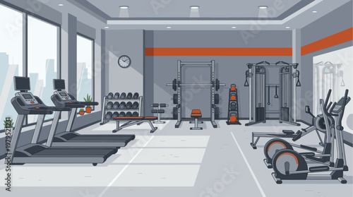 A clean, modern gym interior illustration featuring treadmills, ellipticals, weight racks, dumbbells, and a cable machine with a cityscape visible through large windows.