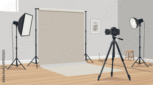 A flat illustration depicts an empty photography studio with a camera on a tripod, lights, and a neutral backdrop, ready for a photoshoot.