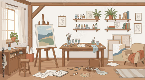 A charming, hand-drawn illustration depicts a sunlit artist's studio with an easel, painting supplies, and comfortable seating, perfect for creative projects.