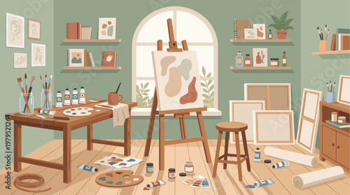 A cozy, sunlit art studio featuring an easel with a painting, wooden table with paint tubes, brushes, and palettes, framed art on the walls, and canvases stacked nearby.
