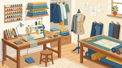 A bright, organized sewing studio features a sewing machine, fabric rolls, threads, and hanging garments, perfect for illustrating fashion design and craftsmanship.