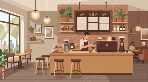 A cozy, modern coffee shop interior featuring a barista preparing drinks behind a counter with pastries, while customers relax at tables and observe the outdoor scenery.