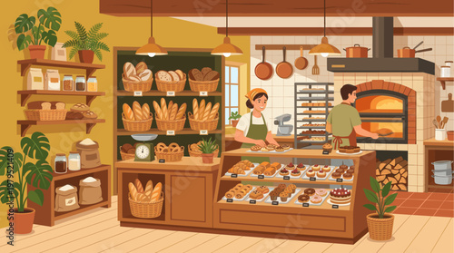 Cozy bakery scene with bakers preparing fresh bread and pastries, showcasing a warm, inviting atmosphere perfect for food and small business themes.
