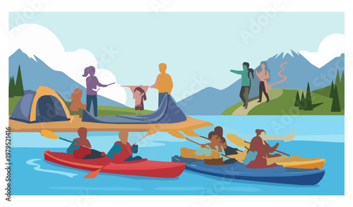 Outdoor summer vacation mountain camp people kayaking vector