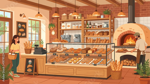 A warm and inviting illustration of a bakery interior, showing a baker tending to a wood-fired oven and a customer browsing a display of fresh pastries and bread.