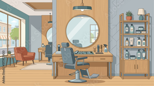 A clean and modern barber shop interior with styling chairs, grooming tools, and skincare products displayed on shelves, suggesting a professional and stylish atmosphere for haircuts.